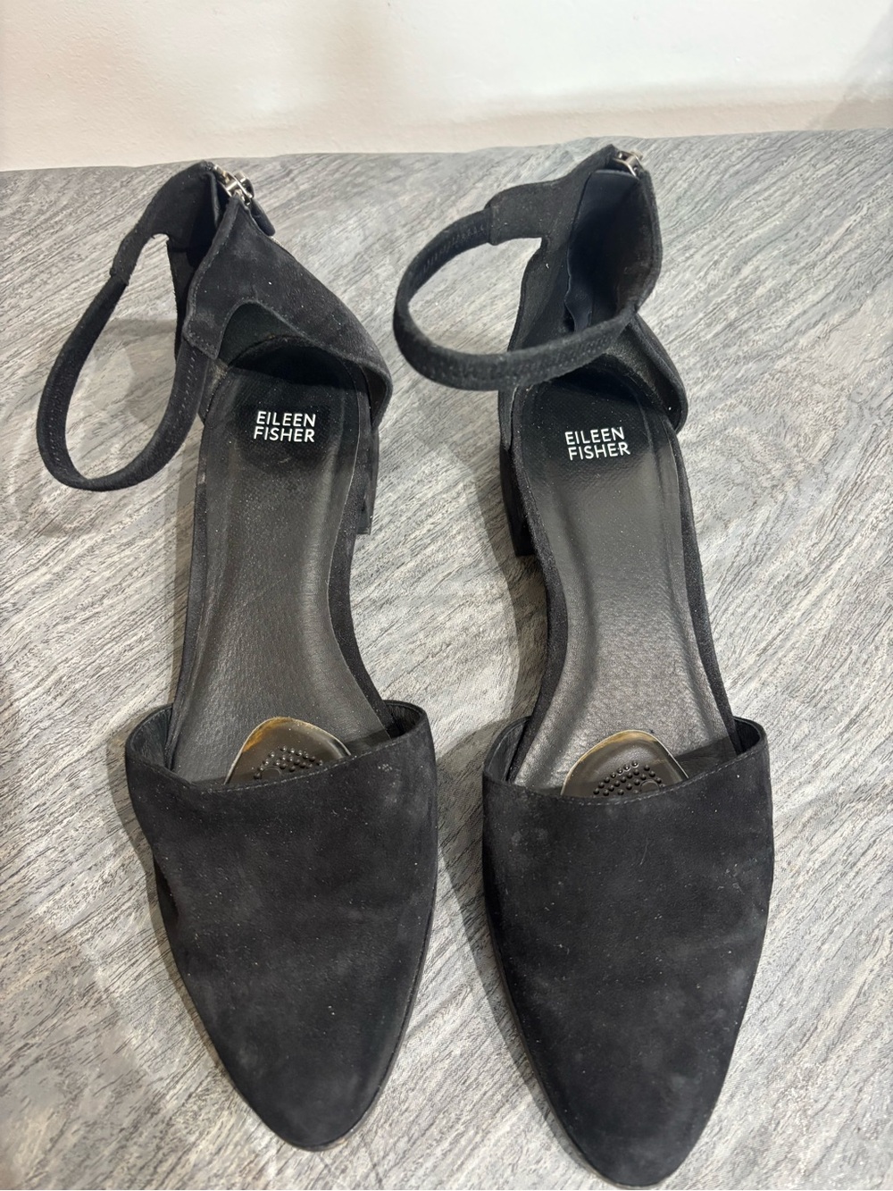 Eileen Fisher Black Suede Pointed Ankle Strap Flats Size 11 GUC